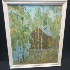 Картина маслом на холсте "Домик у реки", размер 45х55 см